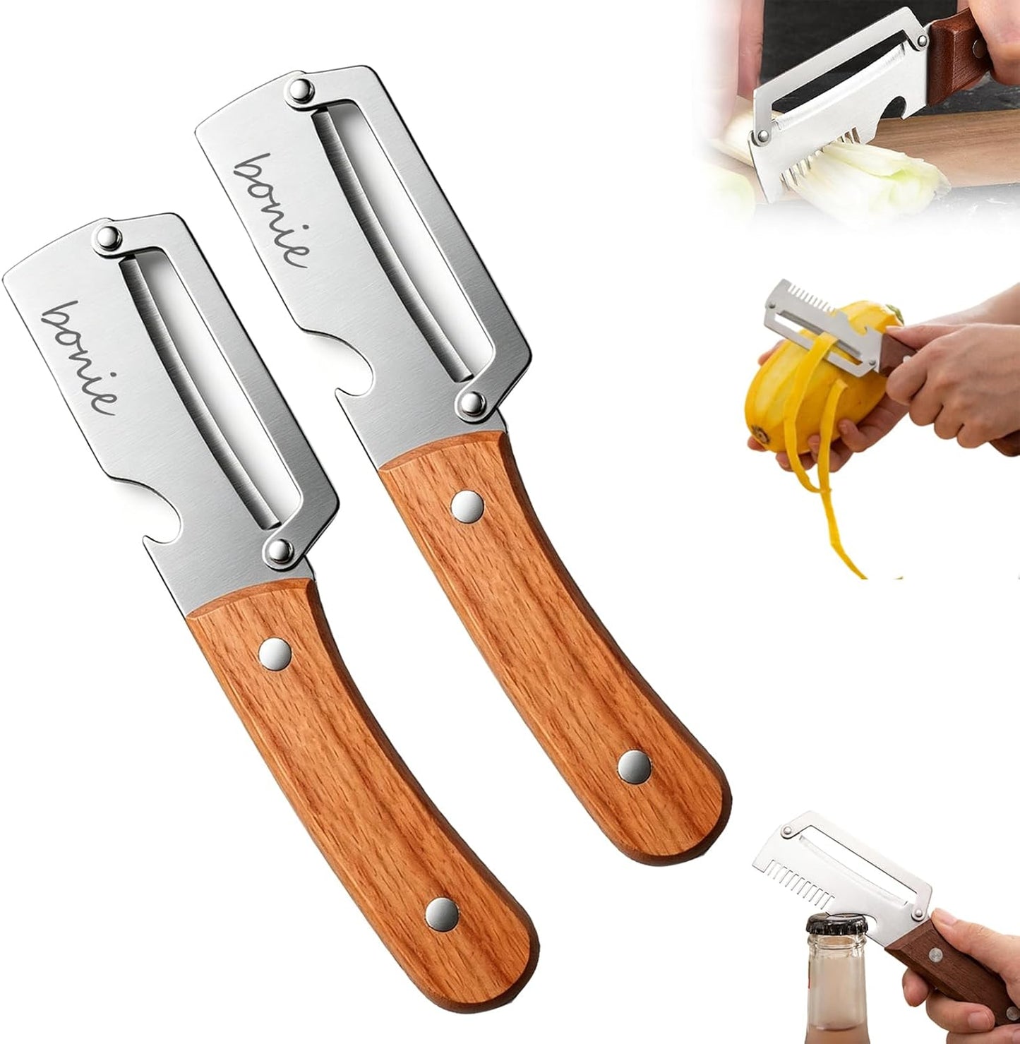 Multi-Functional Stainless Steel Thickened Fruit Peeler Knife, 2026 New 3 in 1 Stainless Steel Blade Peeler for Kitchen with Wooden Handle and Bottle Opener for Vegetable & Fruit (MIX, 2PCS)