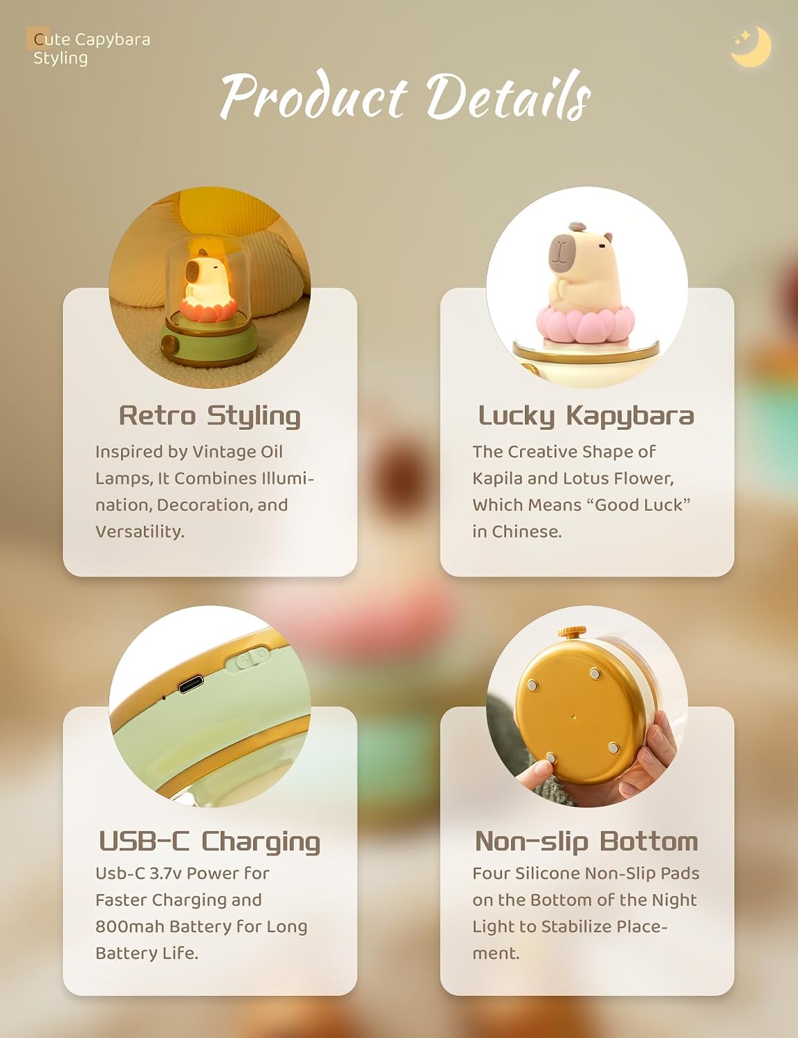 WANIDEA Night Light for Kids, Rechargeable Night Light for Bedroom | Stepless Dimming, Retro Flame, Room Decor, Warm Candlelight, Gifts for Kids, Bedside Lamp With USB-C Charging Cable