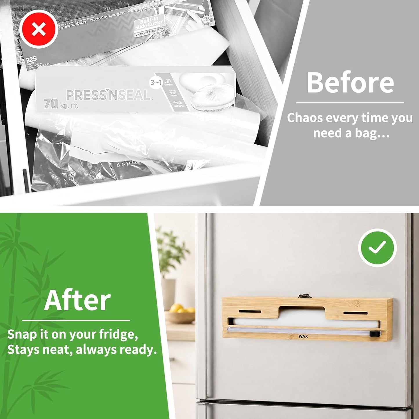 MSJGA Magnetic Plastic Wrap Dispenser with Cutter for Drawer&Refrigerator | 3 in 1 Fridge Bamboo Organizer for Tin Foil, Baking Paper, Wax Paper Holder Kitchen Storage Box Compatible,13" x 8.2" x 2.7"