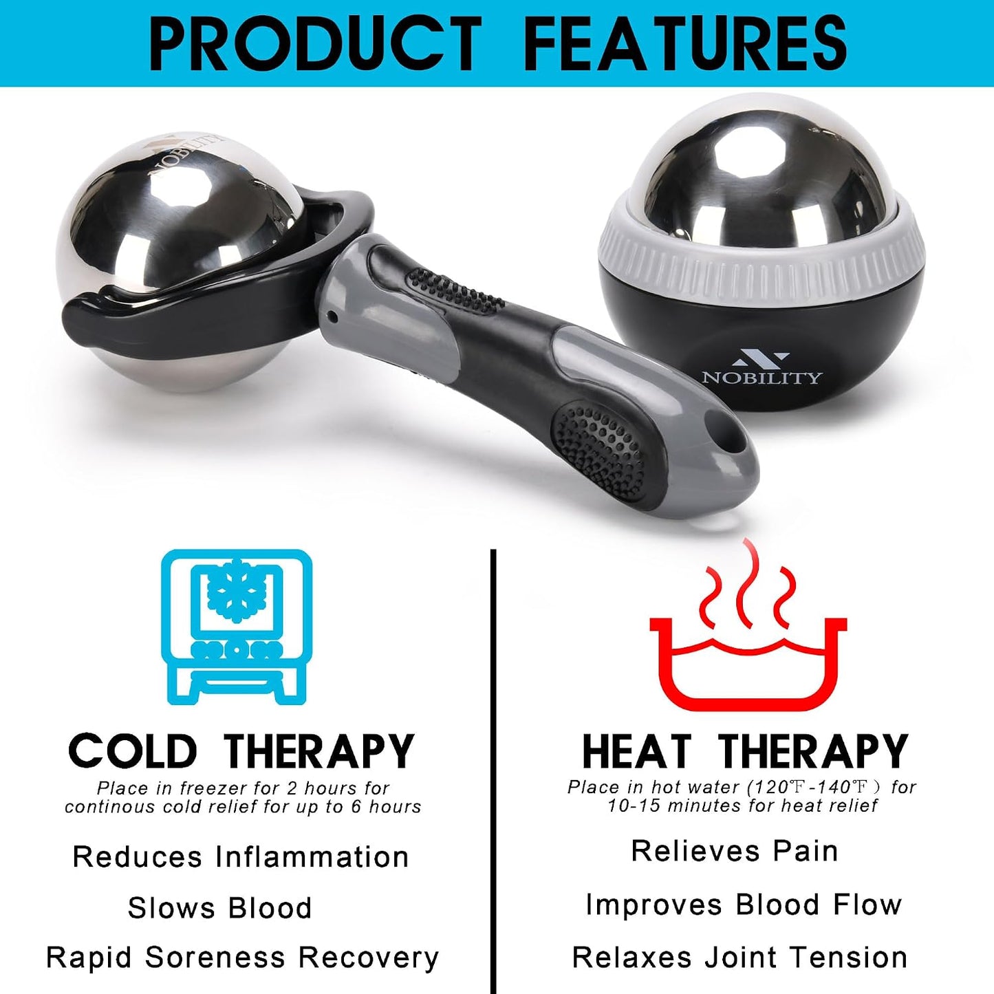 Nobility Massage Ball Roller– Ice Cold and Hot for Deep Tissue and Sore Muscle Relief of Stiffness and Stress, Body, Neck, Back, Foot, Plantar (Black)