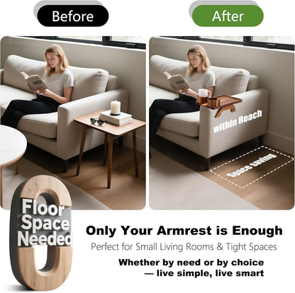 Nnewvante Couch Cup Holder Tray, 3 in 1 Large 15.36"x9.85" Acacia Wood Sofa Arm Clip on Tray Table with 360°Rotated Phone Holder on Armrest