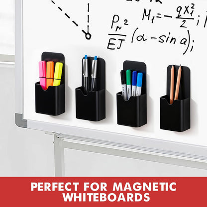 BEYGORM Magnetic Pen Holder for Refrigerator, Pencil Cup Organizer (Black) | Upgraded 1.5mm thick magnetic backing for whiteboards, lockers & fridge; 4 Pcs dry erase marker holder for classroom & office