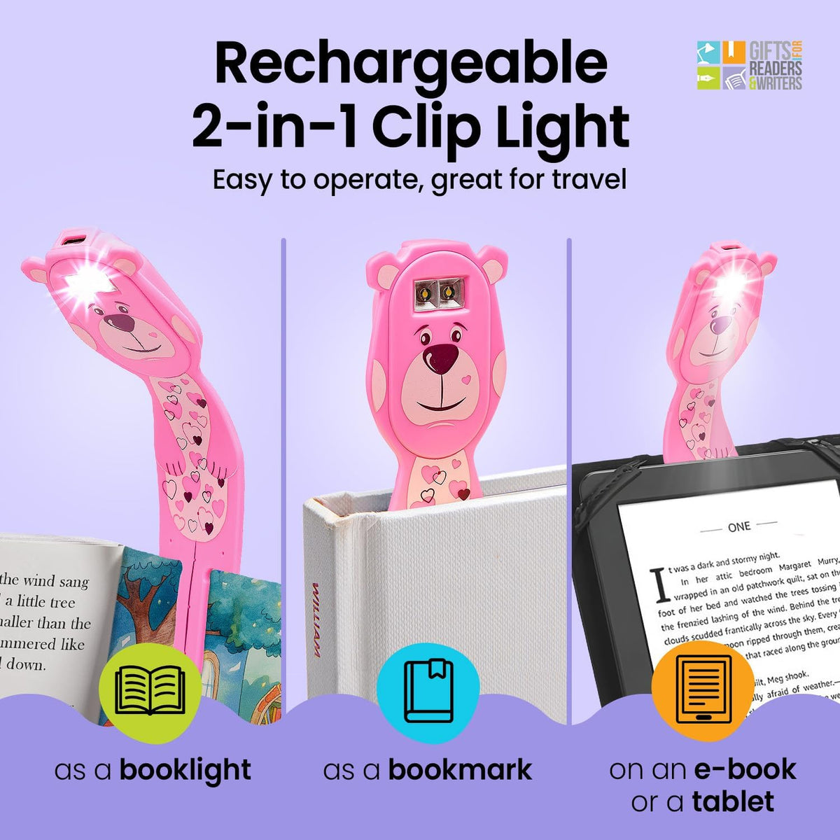 Gifts for Readers & Writers Rechargeable Book Light for Kids, Clip On Reading Light for Bed, 2in1 Flexilight Pals & Bookmark, 12 Hours of Light Once Charged, Includes USB Cable & 2 LED Lights, Dog