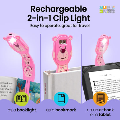 Gifts for Readers & Writers Rechargeable Book Light for Kids, Clip On Reading Light for Bed, 2in1 Flexilight Pals & Bookmark, 12 Hours of Light Once Charged, Includes USB Cable & 2 LED Lights, Dog