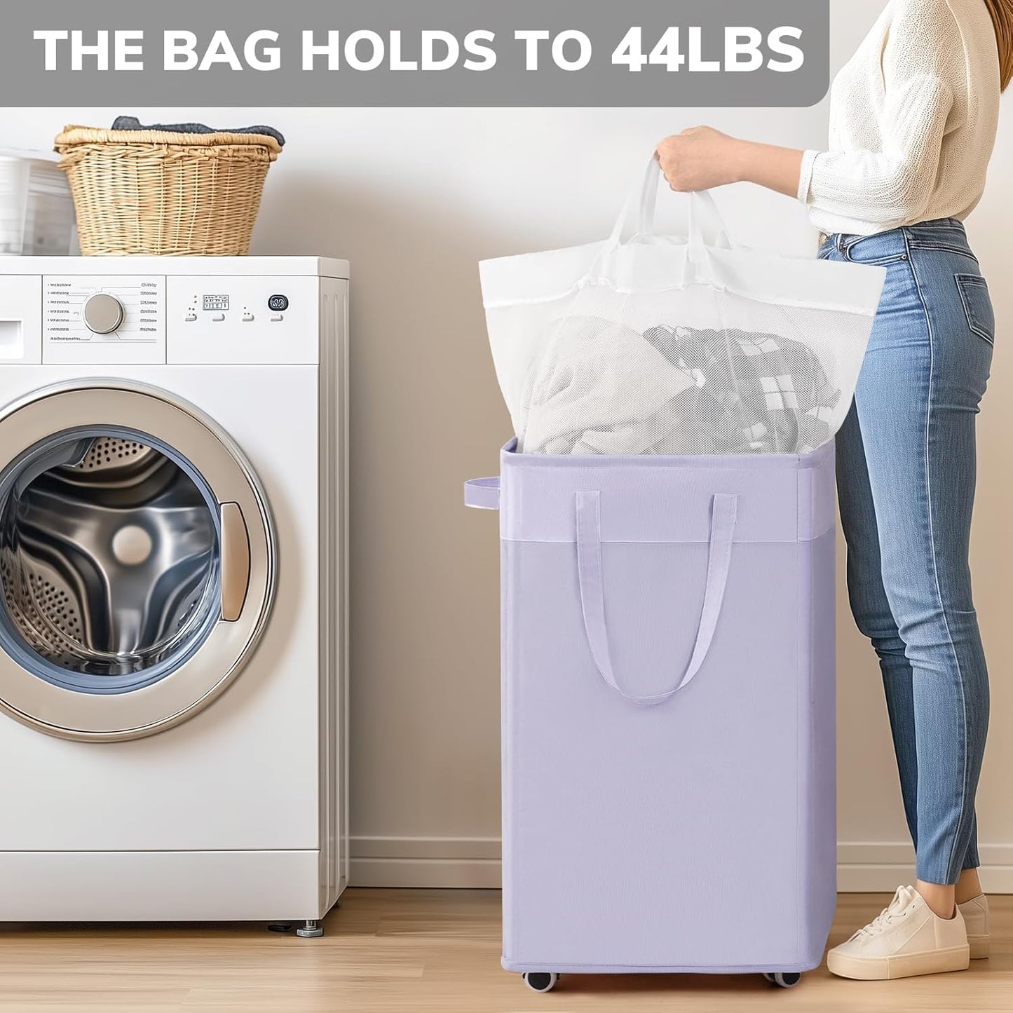 Goodpick 75L Laundry Basket with Wheels & Removable Wash Bag for Dorm | Rolling Laundry Basket with Handles for Dirty Clothes, Fodable Hamper for Laundry Room, Dorm Room Essentials, Grey