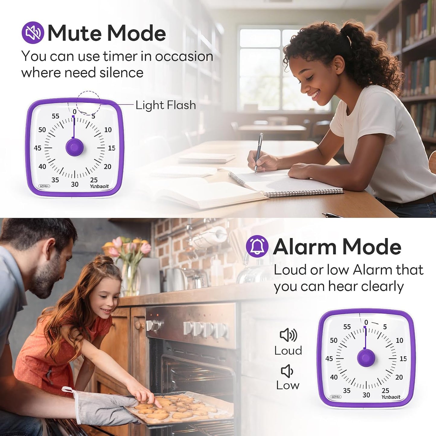 Yunbaoit Visual Timer with Night Light, 60 Minute Countdown, Light Blue | 3 Alarm Modes, Mute Flash, for Kids and Adults, Time Management Tool for Classroom, Home, School, and Work