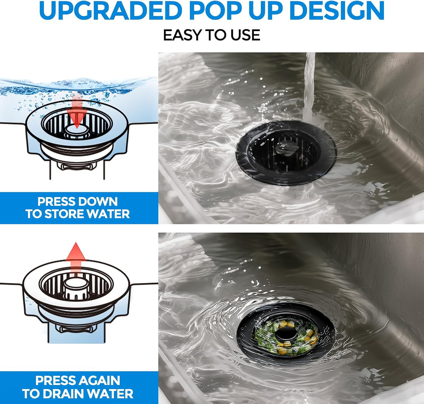 3 in 1 Kitchen Sink Drain Strainer Stopper Removable Basket Pop-Up | Kitchen Sink Food Strainer 1 Pack Silver Stainless - Food Catcher, Odor-Block Seal, Fits 3.5" Drain, Easy Clean