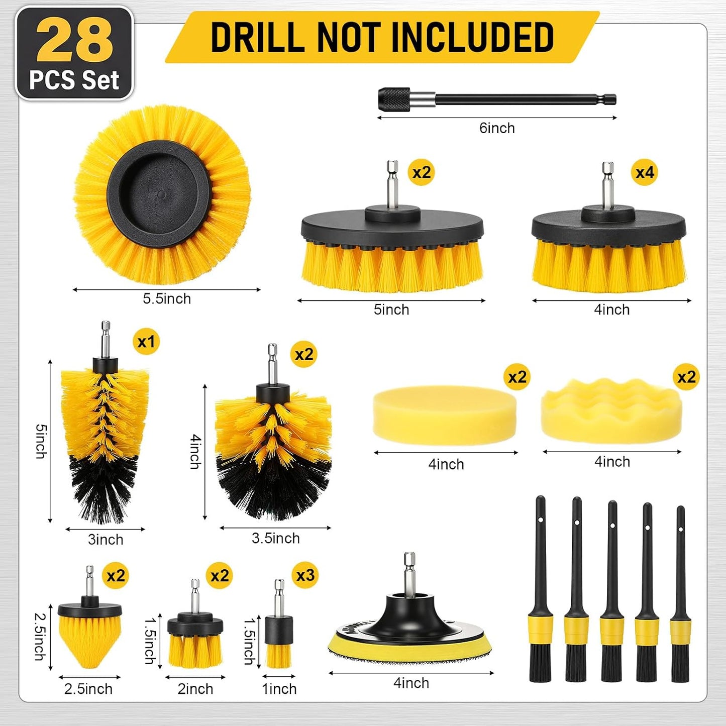 28 Pack Drill Brush Attachment Set, Power Scrub Brushes with Extend Long Attachment for Bathroom, Car Detailing, Sinks, Grout, Floor, Tub, and Kitchen Surface, Scratch Brushes (Yellow)