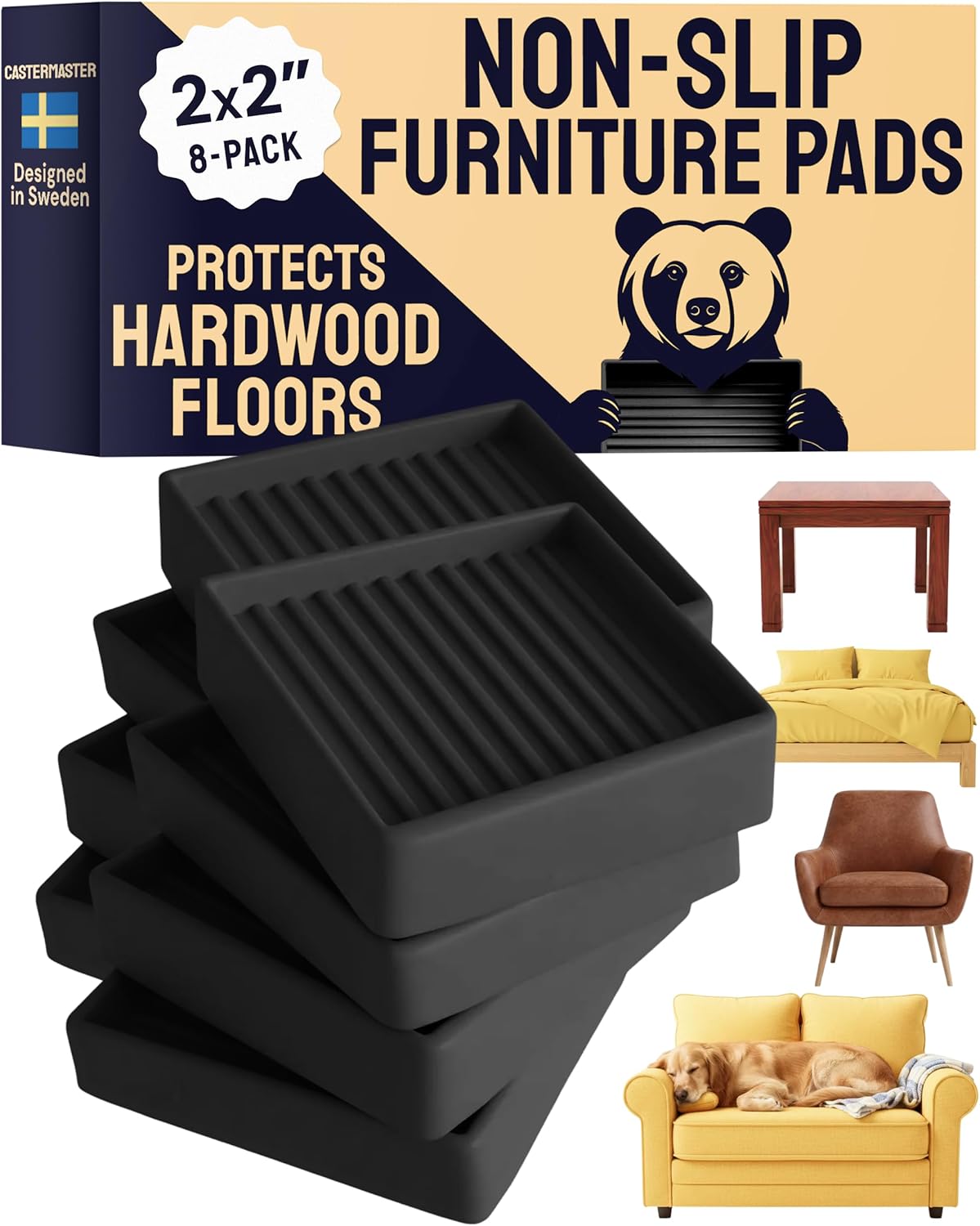 Non-Slip Furniture Pads - 4x4 in Brown, 4 Pack | Square rubber caster cups - anti-skid - Use for heavy sofas, beds & chairs on hardwood floors