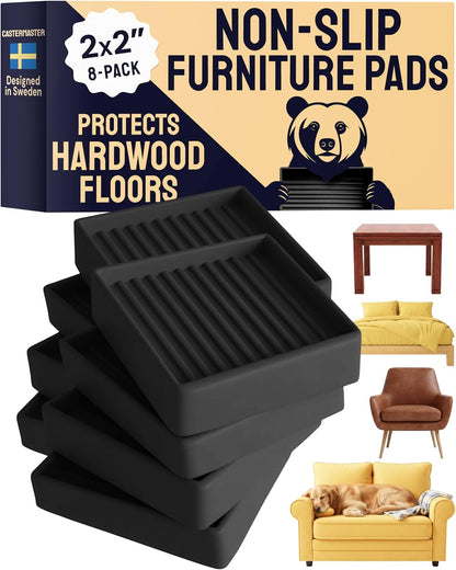 Non-Slip Furniture Pads - 4x4 in Brown, 4 Pack | Square rubber caster cups - anti-skid - Use for heavy sofas, beds & chairs on hardwood floors