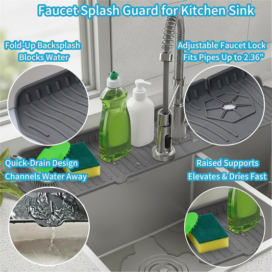 Silicone Faucet Handle Drip Catcher Drying Tray Mat Dish Soap Sponge Holder Accessories Gadgets for Kitchen Counter Bathroom Kitchen Sink Splash Guard (Gray, 24")