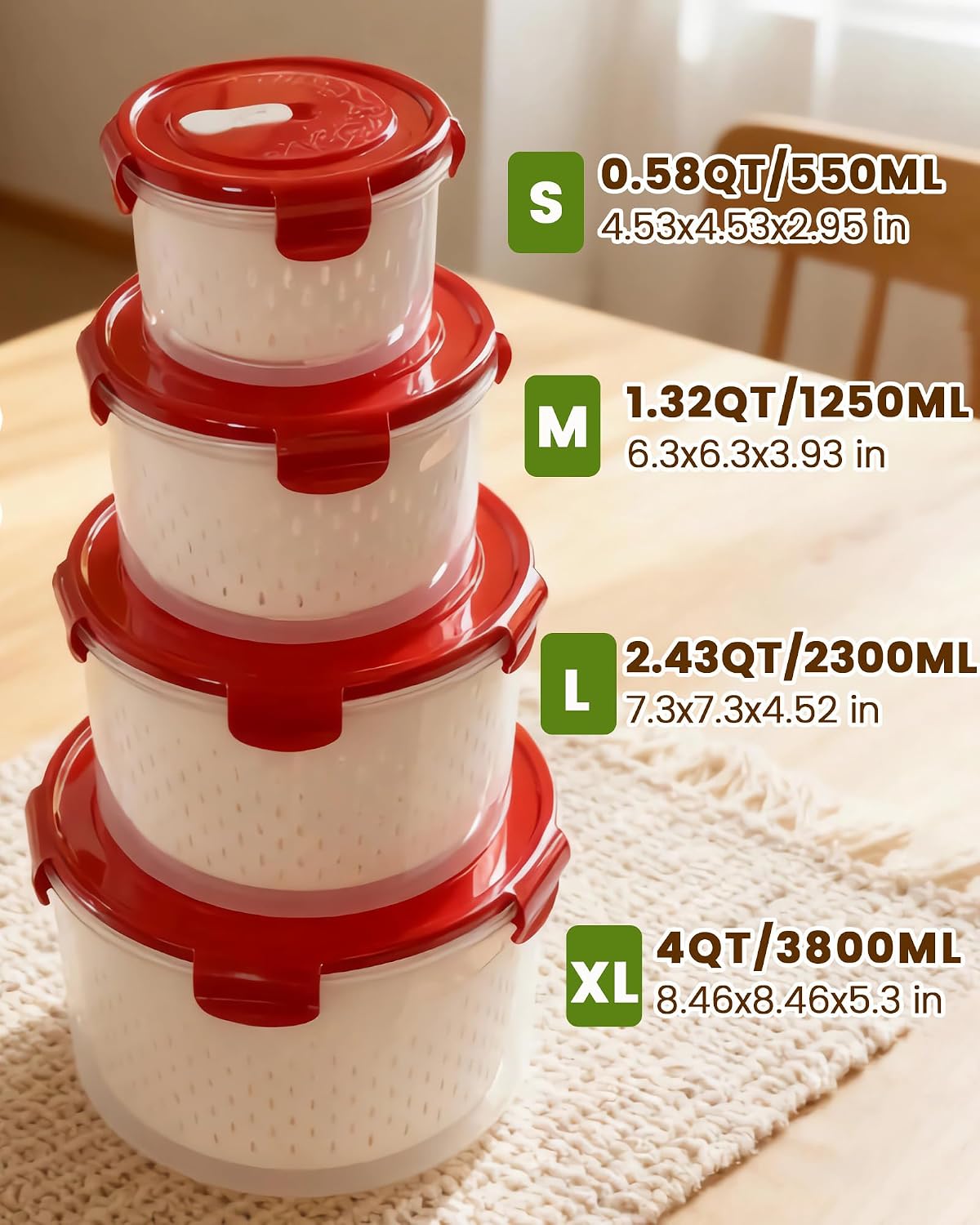 TBMax Fruit Storage Containers for Fridge Organizers and Storage, 4 Pack Large Produce Saver with Airtight Lid & Colander for Berry Lettuce Salad Vegetable Storage, Refrigerator Organizers