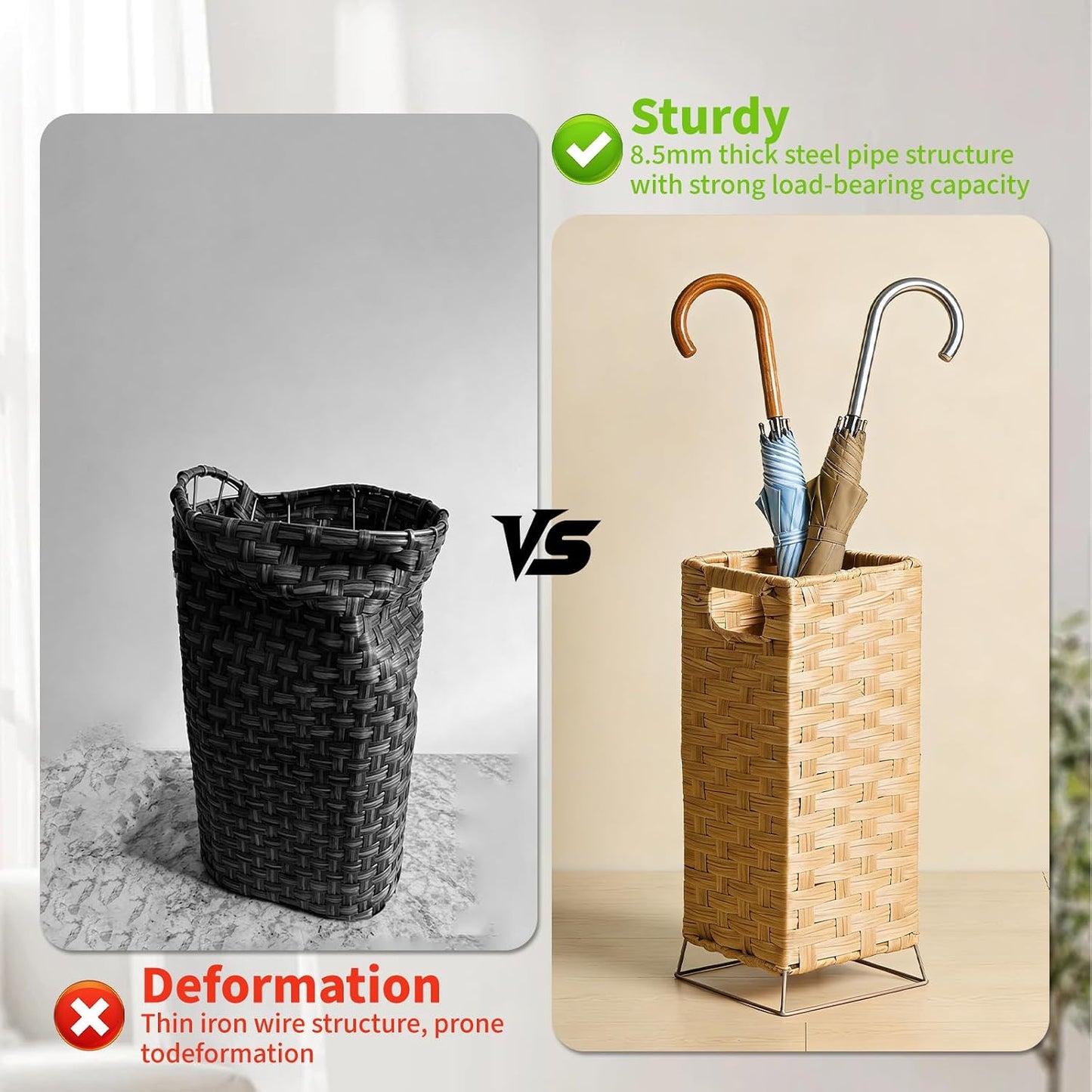 Rattan Umbrella Holder Basket Stand for Entryway | Handwoven, Indoor Umbrella Storage with Waterproof Base, Durable Metal Hooks & Removable Drip Tray