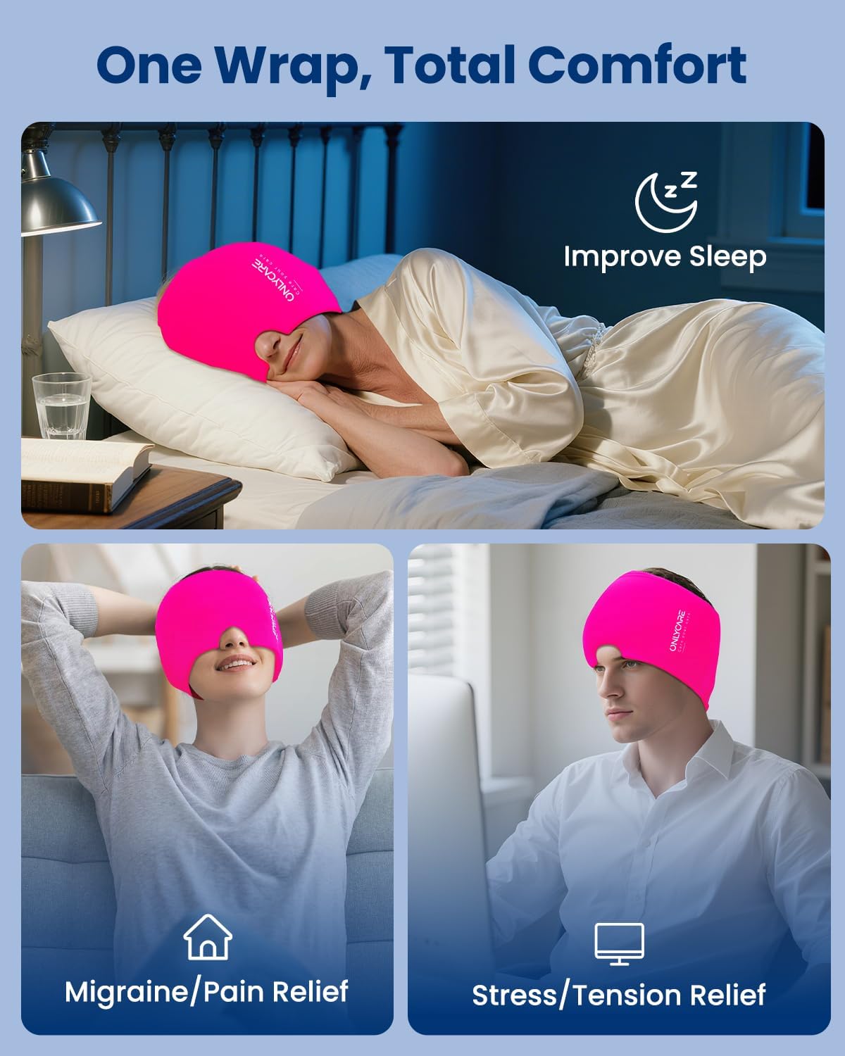 ONLYCARE Migraine Relief Cap, Headache Relief Cold Cap with Odorless Gel | Cooling Hat Head Wrap Soothing Face Ice Pack Mask Products for Tension Stress Hangover & Puffy Eyes, Relaxing Gifts for Women