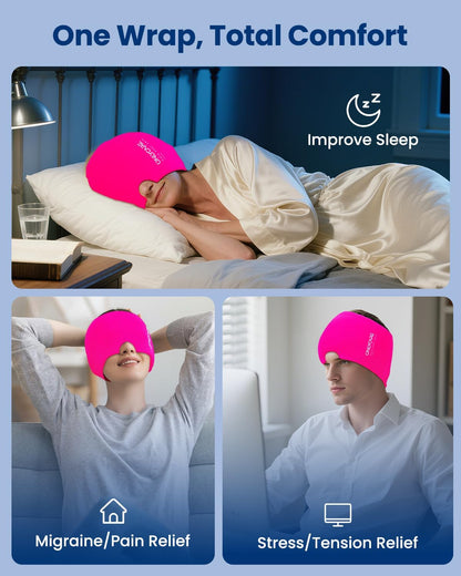 ONLYCARE Migraine Relief Cap, Headache Relief Cold Cap with Odorless Gel | Cooling Hat Head Wrap Soothing Face Ice Pack Mask Products for Tension Stress Hangover & Puffy Eyes, Relaxing Gifts for Women
