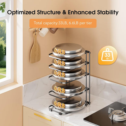 5-Tier Pot and Pan Organizer 13.6", No Assembly Cookware Rack 1-Pack | One-piece Design, Multi-height Layered,Anti-Tip Structure, Dual Vertical & Horizontal Use, Fits Cast Iron Pans & Dutch Ovens