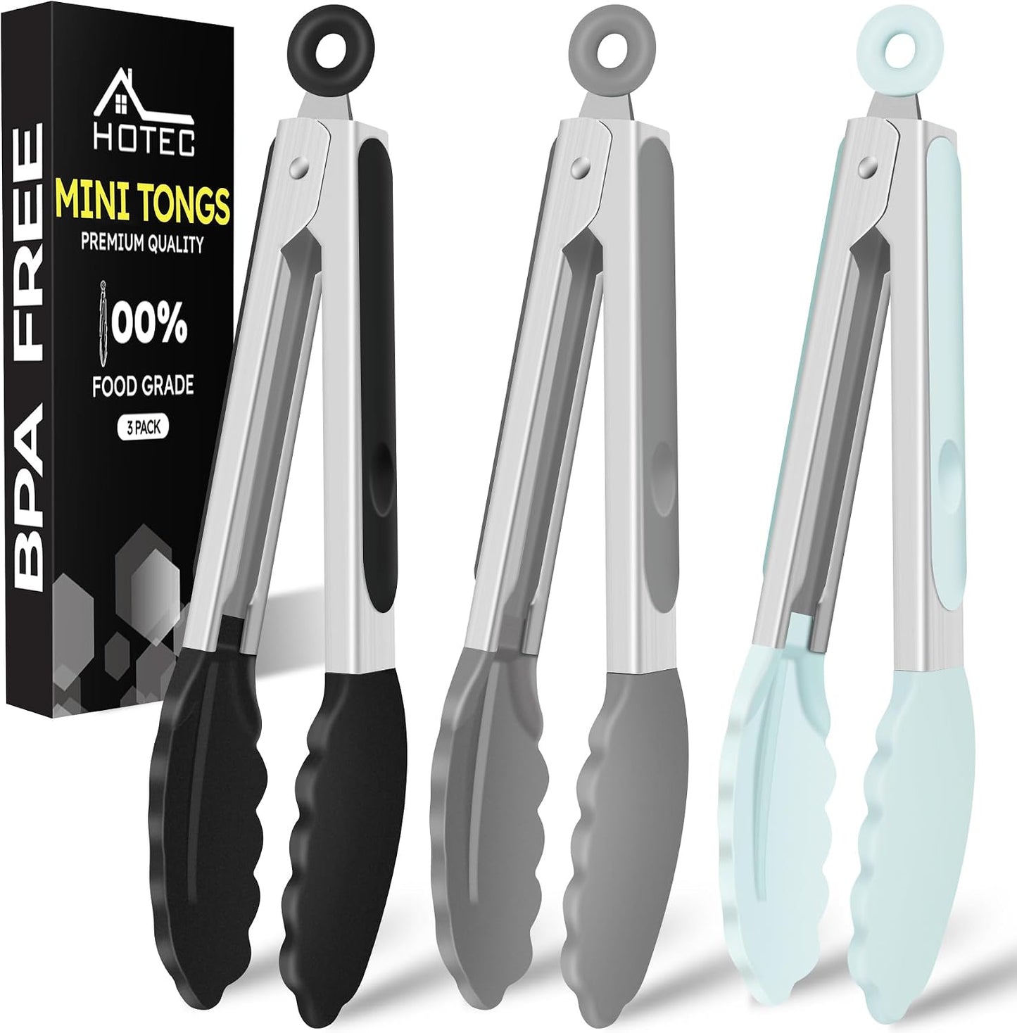 Hotec Mini Silicone Kitchen Tongs for Cooking - 7-Inch Small Serving Tongs with Silicone Tips, Set of 3 (Black,Grey,Light Blue)
