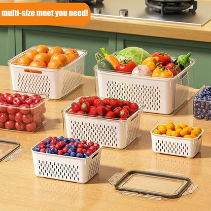 4 In 1 Food Storage Container, Fruit Storage Containers for Fridge, Household Transparent Plastic Food Storage Box-Including Drain Basket, Soak, Wash, Drain, and Store (Gray, S+M+L)