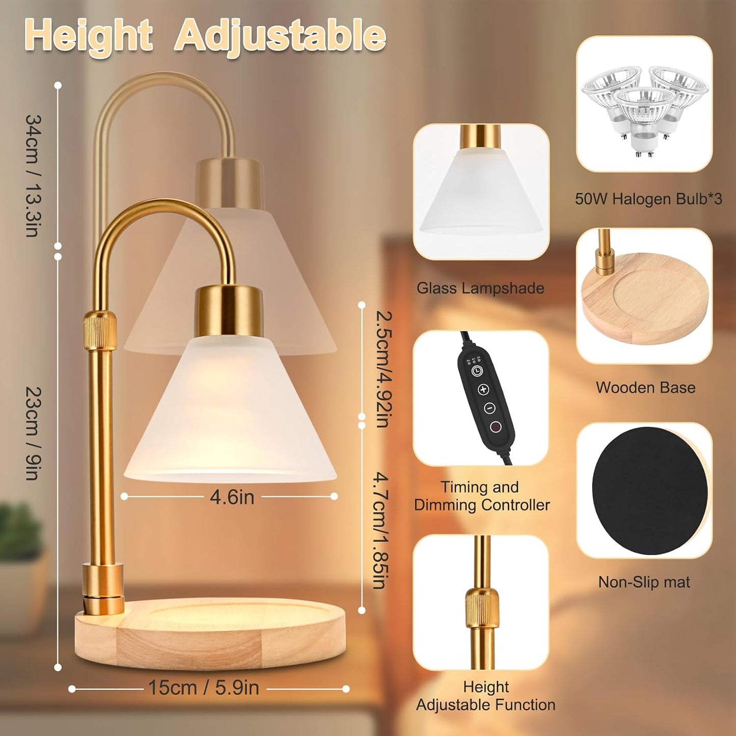 Candle Warmer Lamp with Timer & 3 Bulbs, Dimmable Electric CandleLight Adjustable Height and Brightness Candle Wax Warmer for Jar Candles Bedroom Home Decor House Warming Gift for Women (Round Gold)
