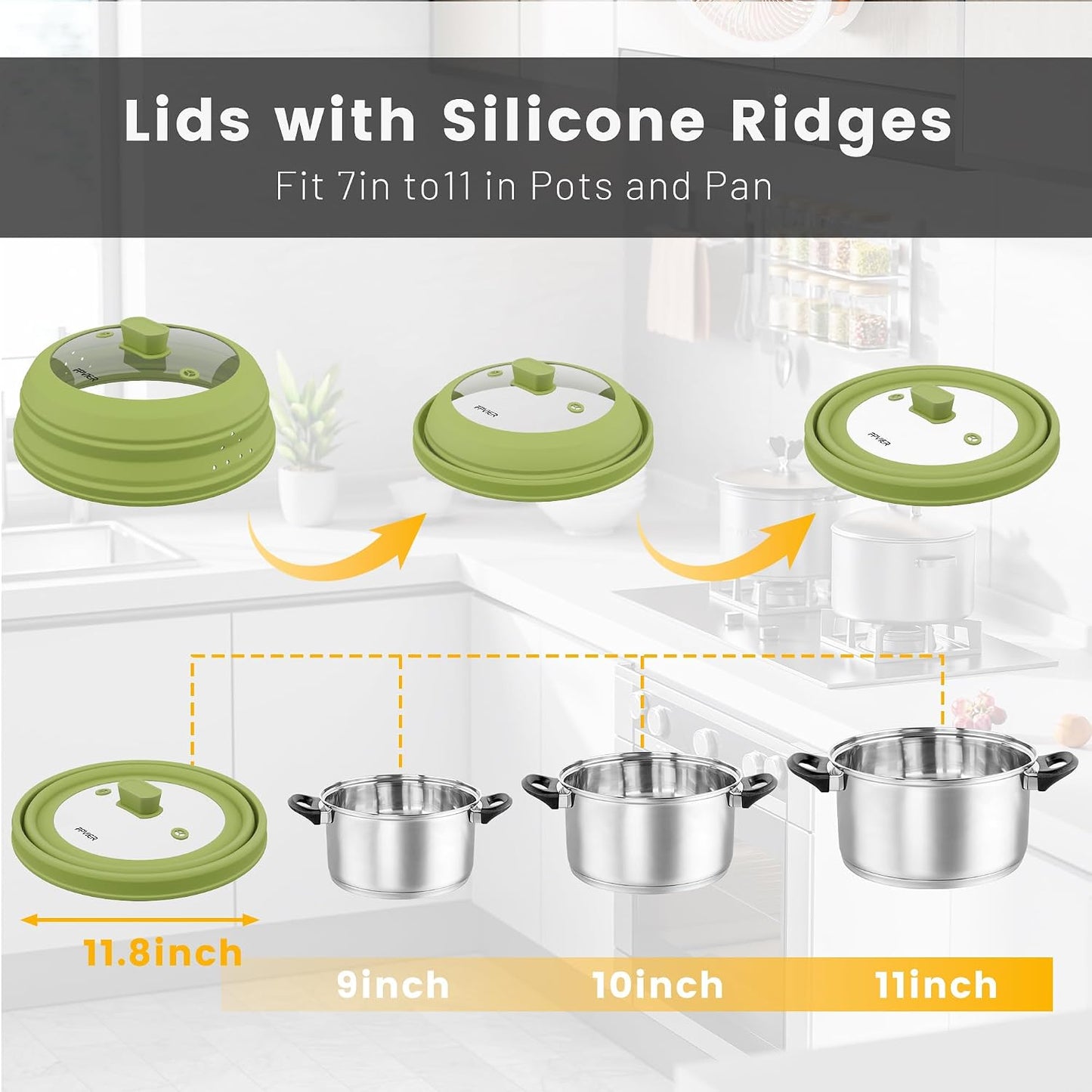 Microwave Splatter Cover, Vented Silicone and Glass Cover Splatter Guard Lid, Food Collapsible Plate Cover Lid with Easy Grip Handle. (Green, 9 inch)