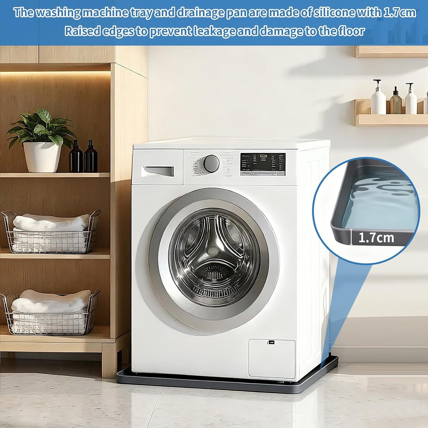 Washing Machine Drain Pan Silicone mat 27"x27" with 0.79" Raised Edges, Leak-Proof Silicone Mat, Non-Slip Waterproof Floor Protector for Washer Dryer (Grey)