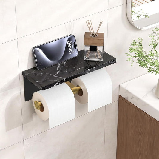 FORIOUS Toilet Paper Holder with Shelf, Commercial Toilet Paper Dispensers | Brushed Nickel | Wall Mount Bathroom Tissue Holder | SUS304 Stainless Steel Rustproof | Double Tissue Roll Holder