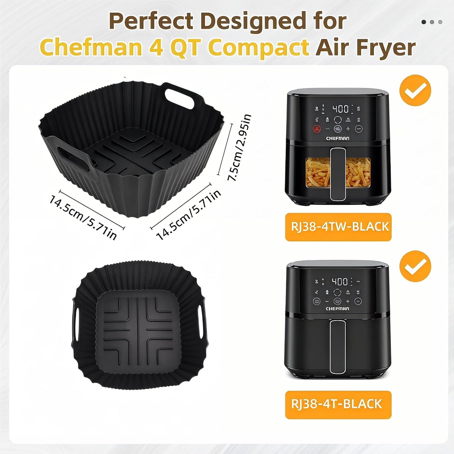 Silicone Air Fryer Liners Accessories For Chefman 4 Qt Compact Airfryer, Reusable Silicone Air Fryer Mats Square, Dishwasher Safe Airfryer Accessories Basket For RJ38-4TW-BLACK & RJ38-4T-BLACK
