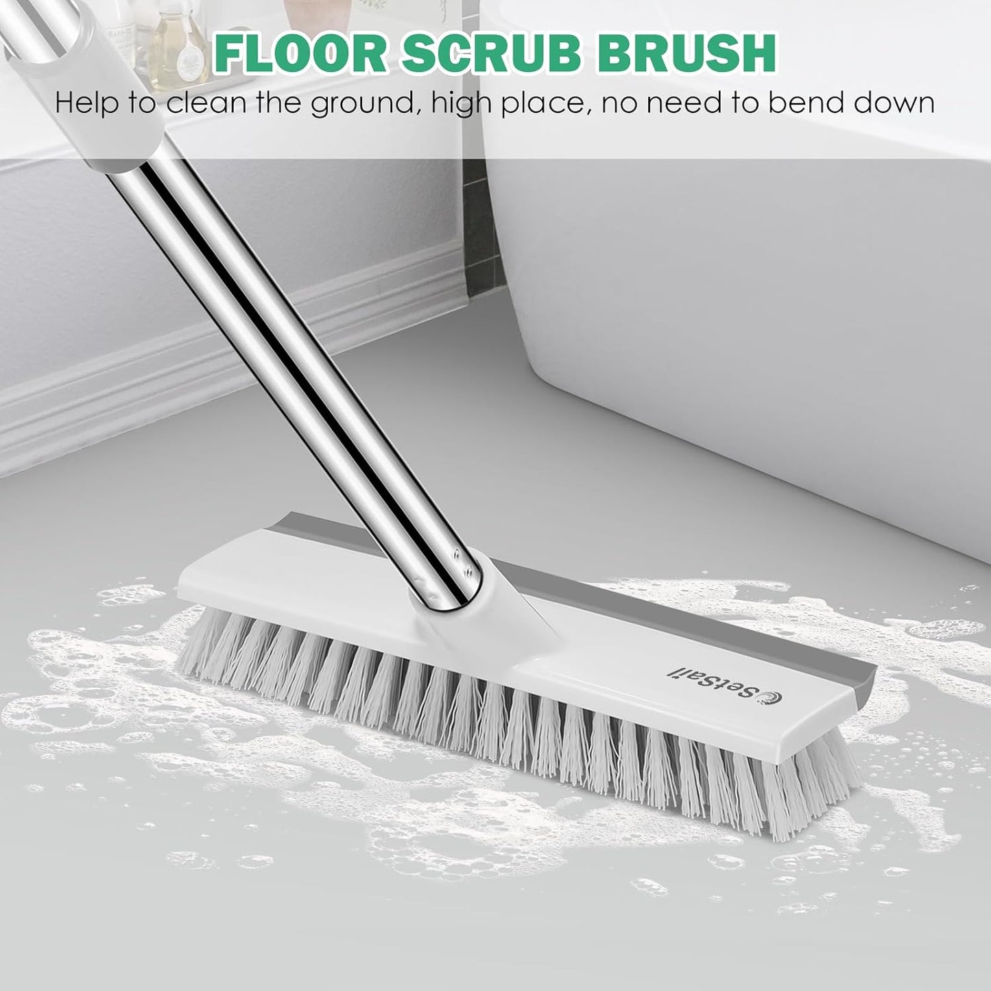 SetSail Floor Scrub Brush with 51-Inch Long Adjustable Handle 2 in 1 Scrape Brush Stiff Bristle Floor Scrubber for Cleaning Shower Bathroom Garage Kitchen Wall Deck Tub Tile | 2 in 1 Scrape Brush Stiff Bristle Floor Scrubber for Cleaning Shower Bathroom