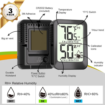 AyayaBoss 3 Pack Room Thermometer Indoor Hygrometer | Mini Size, Monitor Temperature & Humidity, Accurate Fast Read, Easy To View, Kickstand/Hanging/Wall Adhesive, ℉/℃, w/ Battery