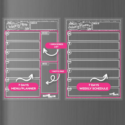 CHALKY CROWN Magnetic Dry Erase Menu Board - Black - 15.6" x 11.6" | Magnetic Weekly Meal Planner & Grocery List for Fridge - Includes 4 Liquid Chalk Markers - Easy to Write & Wipe Clean Design