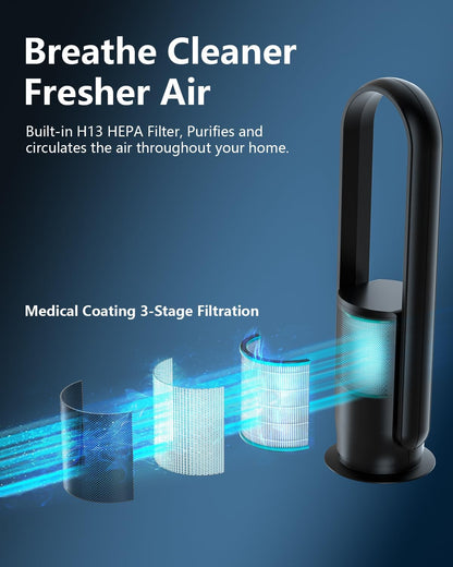 ULTTY Bladeless Tower Fan and Air Purifier Combo, Quiet Oscillating Fan with Remote & Touch Control, 9 Speeds, 8H Timer, HEPA Air Filter, Safe Floor Fan for Bedroom Home Office Black, 23.5"inch