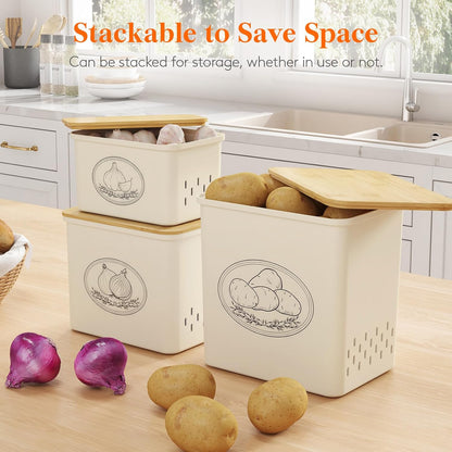 Lifewit Plastic Potato and Onion Storage Bin Box, Set of 3, White | Stackable Garlic Keeper, Vegetable Container Box, Aerating Holes & Lid for Pantry Countertop