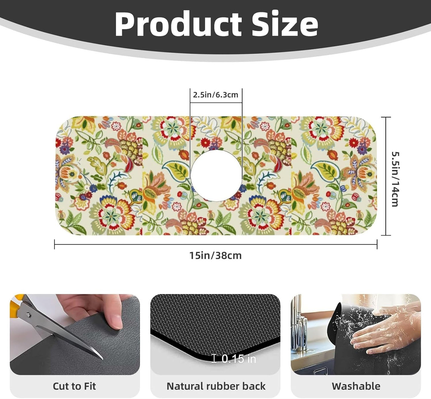 Boho Floral Mandala Yellow Faucet Splash Guard Mat for Kitchen Sink 15x5.5" | FDNUPIAN Kitchen Sink Splash Guard Faucet Faucet Guard Draining Mat Sink Splash Faucet Bathroom