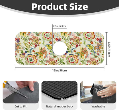 Boho Floral Mandala Yellow Faucet Splash Guard Mat for Kitchen Sink 15x5.5" | FDNUPIAN Kitchen Sink Splash Guard Faucet Faucet Guard Draining Mat Sink Splash Faucet Bathroom
