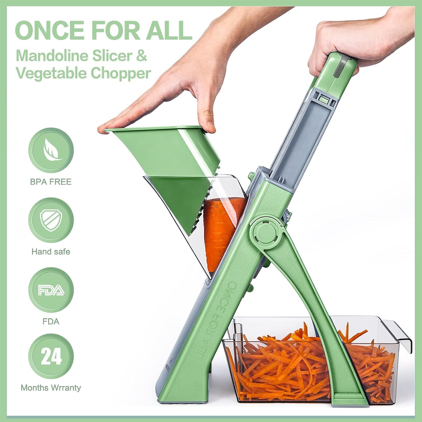 ONCE FOR ALL Safe Mandoline Slicer Plus, Bigger Size, Potato Slicer, Black | 0.1-8mm Adjustable Vegetable Food Chopper, Kitchen Mandoline Slicer Stainless Steel, Detachable Blade, Dishwasher-safe, Gift