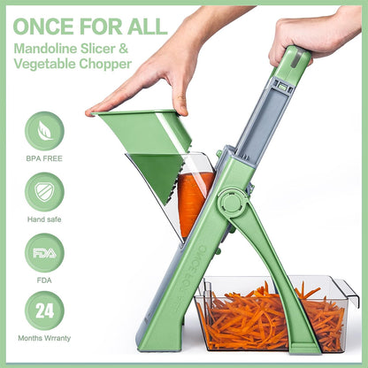 ONCE FOR ALL Safe Mandoline Slicer Plus, Bigger Size, Potato Slicer, Black | 0.1-8mm Adjustable Vegetable Food Chopper, Kitchen Mandoline Slicer Stainless Steel, Detachable Blade, Dishwasher-safe, Gift