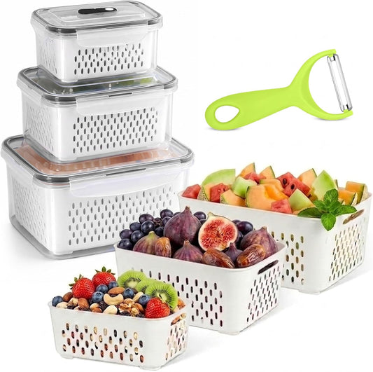 3 Pack Fridge Organizer for Fruit – Fruit Containers for Fridge with Removable Colander, BPA-Free Plastic Produce Keepers for Berry & Meat, Keeps Food Fresh Longer