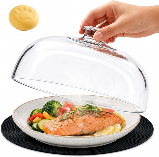 Glass Microwave Splatter Cover with Silicone Mat, 10Inch Plate Splatter Food Lid with Integrated Grip Handle and Vent Hole, BPA Free, Dishwasher Safe