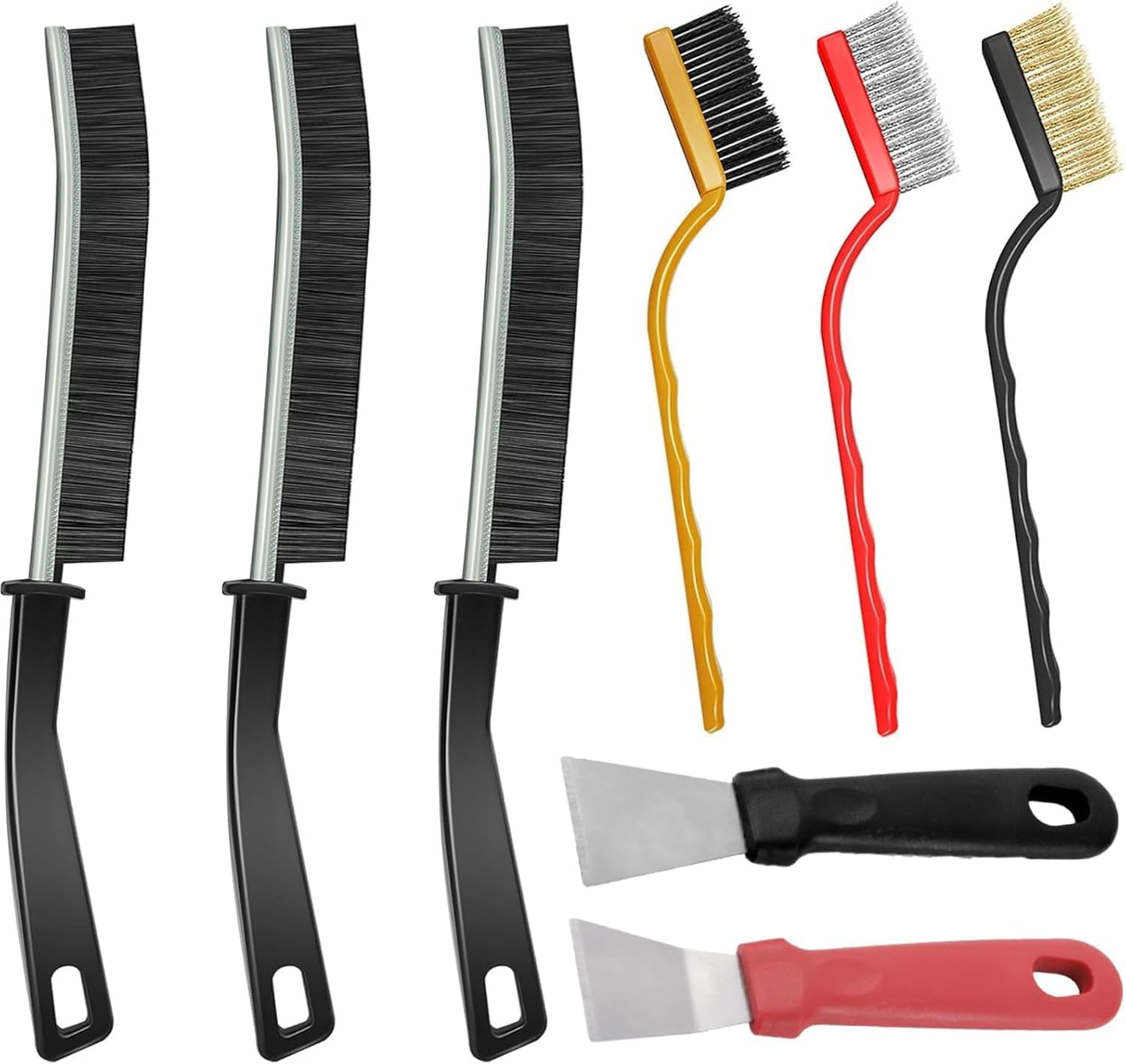 8Pcs Multicolour Kitchen Stove Cleaning Brush+Heavy Duty Scraper Tool Set for Gas Burners Cooktop Pot Pan Brass,Stainless Steel and Nylon Brush Head Brushes for Range Hood Grease Grime,Cleaning Tools