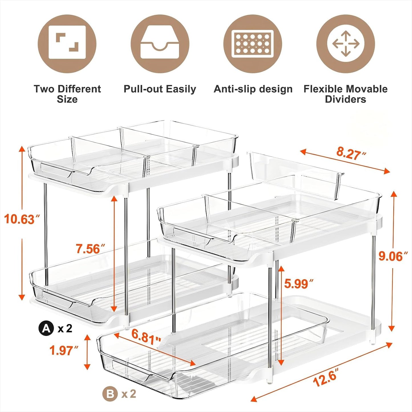 Delamu 2-Tier Multi-Purpose Bathroom Under Sink Organizers and Storage, Stackable Kitchen Pantry Organization, Pull Out Medicine Cabinet Organizer with Movable Dividers, White, 2 Pack