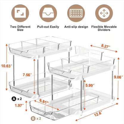 Delamu 2-Tier Multi-Purpose Bathroom Under Sink Organizers and Storage, Stackable Kitchen Pantry Organization, Pull Out Medicine Cabinet Organizer with Movable Dividers, White, 2 Pack
