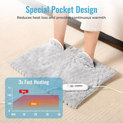 Electric Heated Foot Warmer Soft Flannel Foot Heater with 2h Auto Off & 3 Heat Levels Full Body Use Heating Pad for Feet, Abdomen, Cramps, Pain Relief Pocket Design 16" x 22" Light Grey