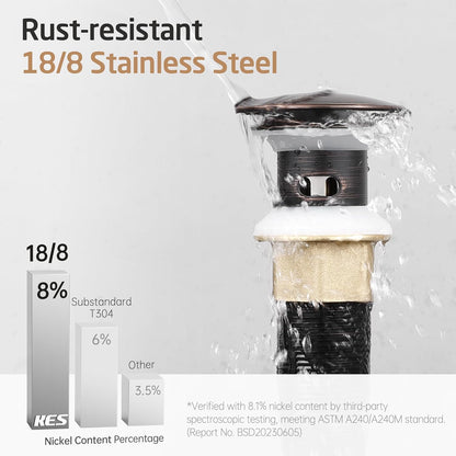 KES All Metal Bathroom Sink Drain with Strainer Basket Hair Catcher Anti Clog Pop Up Drain Stopper for Lavatory Vanity Vessel Sink with Overflow, Rustproof 18/8 Stainless Steel Matte Black S2013A-BK