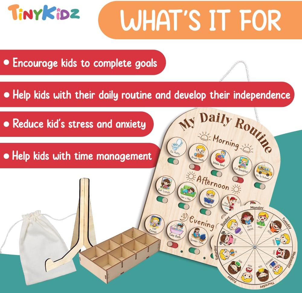 TinyKidz Wooden Daily Routine Chart 11x15, Schedule Board for Kids, Wooden Chore Chart for Kids, Responsibilities Chart for Toddlers, Morning Bedtime Routine for Toddlers