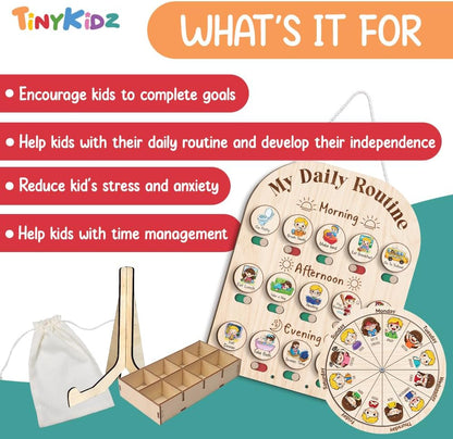 TinyKidz Wooden Daily Routine Chart 11x15, Schedule Board for Kids, Wooden Chore Chart for Kids, Responsibilities Chart for Toddlers, Morning Bedtime Routine for Toddlers