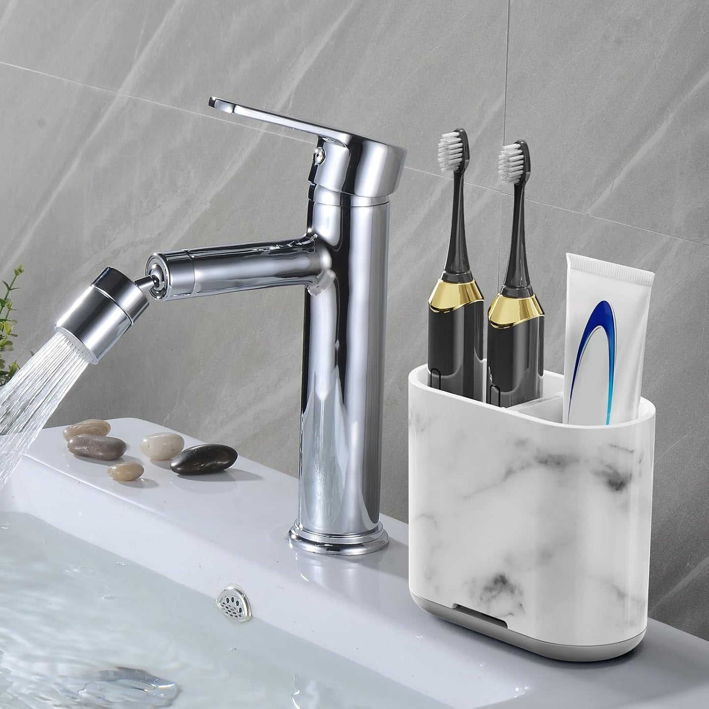 Bamboo Toothbrush Holder for Bathrooms Toothpaste Organizer, Small, White | 2 Slots, Easy to Clean, Plastic, Kids Electric Toothbrush, Drainage, Removable, For Bathroom, Vanity, Kitchen Sink, Office