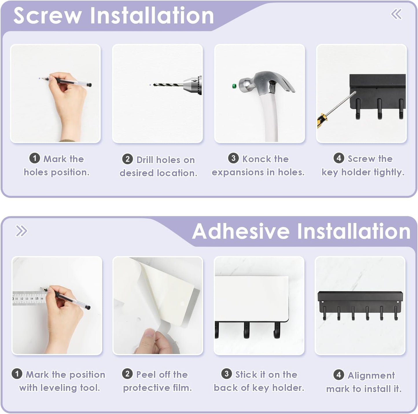 VIS'V Key Holder Wall Mount, Adhesive Key Rack with Tray, 6 Hooks, Black | 2 Mount Options, Compact Discreet Design, Suitable for Entryway, Hallway, Doorway, Kitchen, Garage, Camper