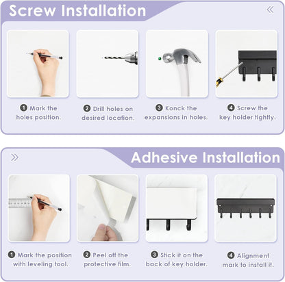 VIS'V Key Holder Wall Mount, Adhesive Key Rack with Tray, 6 Hooks, Black | 2 Mount Options, Compact Discreet Design, Suitable for Entryway, Hallway, Doorway, Kitchen, Garage, Camper