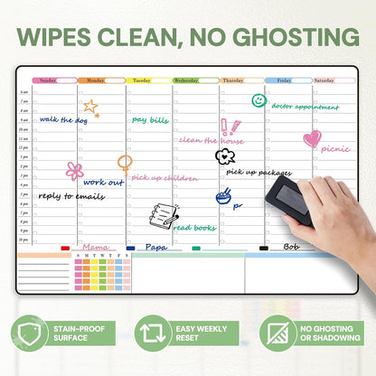 POPRUN Dry Erase Weekly Calendar Whiteboard, Magnetic Hourly Schedule Board | 16.9 x 11" Weekly Planner for Fridge, Time Slots, Family Daily Planning for Refrigerator, Homeschool, Work