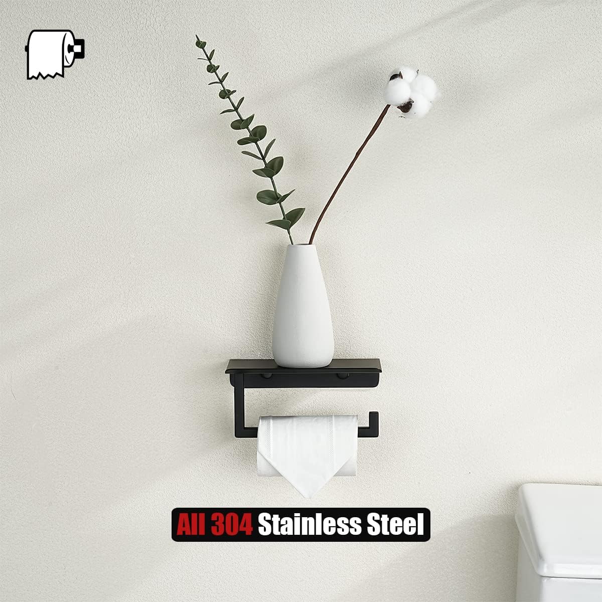 JQK Toilet Paper Holder Shelf, Bathroom Tissue Roll Holder with Phone Shelf, 5 Inch 304 Stainless Steel Tissue Paper Dispenser, Matte Black Wall Mount, TPH202-PB